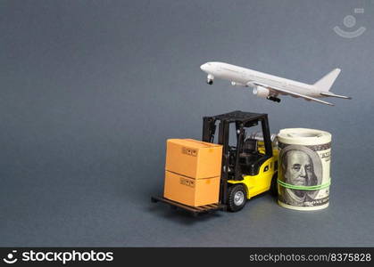 A forklift truck carries cardboard boxes near a dollar roll and airplane. Transport company. Performance efficient. Trade and production of products and goods, balance import export. global economy