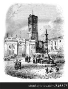 A Fountain in Capua, vintage engraved illustration. Magasin Pittoresque 1861.