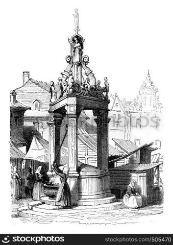 A fountain on the market square of Mainz, vintage engraved illustration. Magasin Pittoresque 1842.