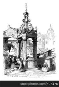 A fountain on the market square of Mainz, vintage engraved illustration. Magasin Pittoresque 1842.