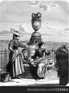 A fountain on the quai du Midi, Nice, vintage engraved illustration. Magasin Pittoresque 1857.