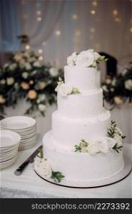 A four-tiered cake decorated with green leaves.. A snow-white cake with four tiers 3848.