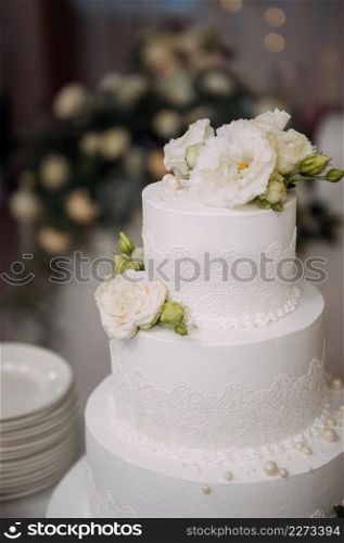 A four-tiered cake decorated with green leaves.. A snow-white cake with four tiers 3850.