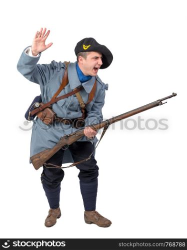 a French soldier 1914 1918 attack, November 11th on white background