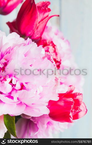 A fresh bouquet of pink peonies and tulips on a blue wooden background. Peonies and tulips