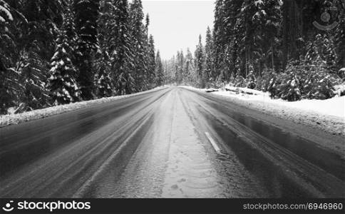 A fresh coating of snow has appeared on a road cut through the mountains in Oregon State