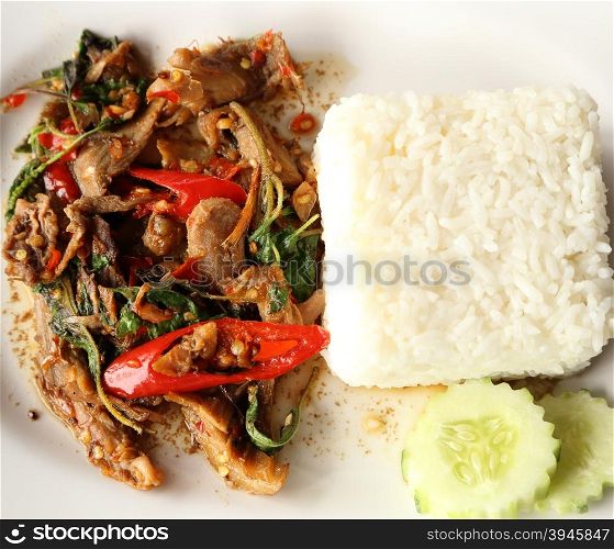 A fresh dish of Thai style food, Fried pork with sweet basi and white jasmine sticky rice