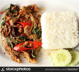 A fresh dish of Thai style food, Fried pork with sweet basi and white jasmine sticky rice