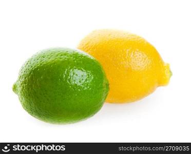 A fresh lemon and a lime. Studio isolated with soft shadow.