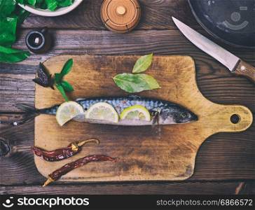 A fresh mackerel on a wooden kitchen board, top view