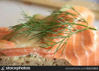 A fresh salmon sandwich: smoked salmon, lettuce, fresh dill and egg