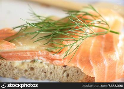 A fresh salmon sandwich: smoked salmon, lettuce, fresh dill and egg