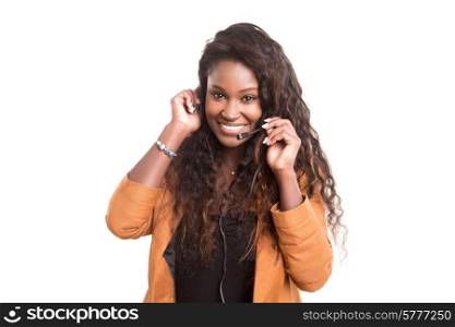 A friendly african telephone operator smiling isolated over a white background