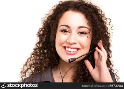 A friendly asian telephone operator smiling isolated over a white background
