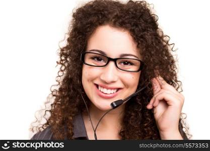 A friendly asian telephone operator smiling isolated over a white background