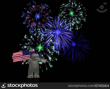 A friendly cartoon hippo wearing a hat and holding the American flag, celebrating Independence day on the 4th of July with fireworks. Black background.. Cartoon hippo celebrating 4th of July.