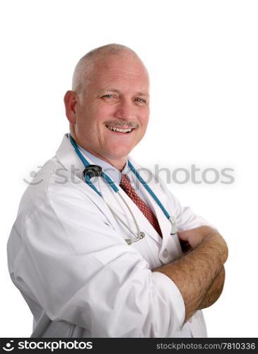 A friendly, compassionate doctor smiling against a white background.