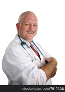 A friendly, compassionate doctor smiling against a white background.