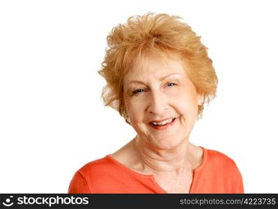 A friendly, happy red haired senior lady. Isolated on white.