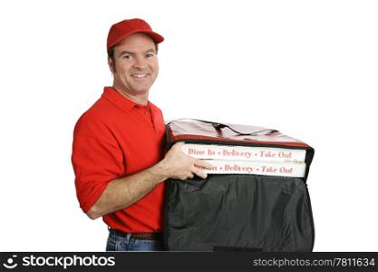 A friendly pizza delivery man taking your hot fresh pizza out of the thermal bag. Isolated on white.