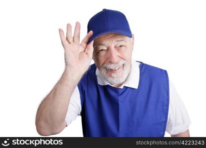 A friendly senior man greeting customers at a discount store. Isolated on white.