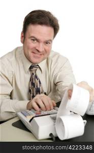 A friendly smiling accountant working on his adding machine. Isolated on white.