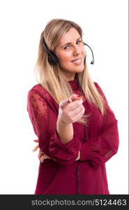 A friendly telephone operator smiling isolated over a white background