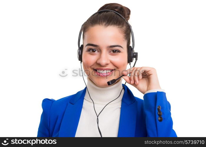 A friendly telephone operator smiling isolated over a white background