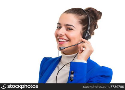 A friendly telephone operator smiling isolated over a white background