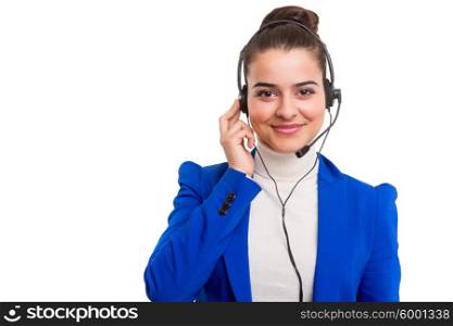 A friendly telephone operator smiling isolated over a white background