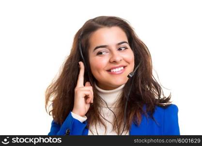 A friendly telephone operator smiling isolated over a white background