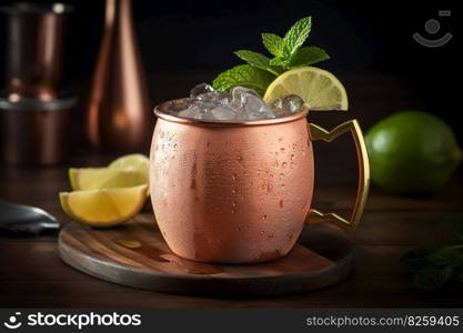 A frosty, Moscow Mule, served in an ice-cold copper mug, garnished with a lime wedge and sprig of mint, surrounded by a refreshing, ice-filled presentation and setting. Generative Ai