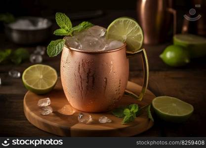 A frosty, Moscow Mule, served in an ice-cold copper mug, garnished with a lime wedge and sprig of mint, surrounded by a refreshing, ice-filled presentation and setting. Generative Ai