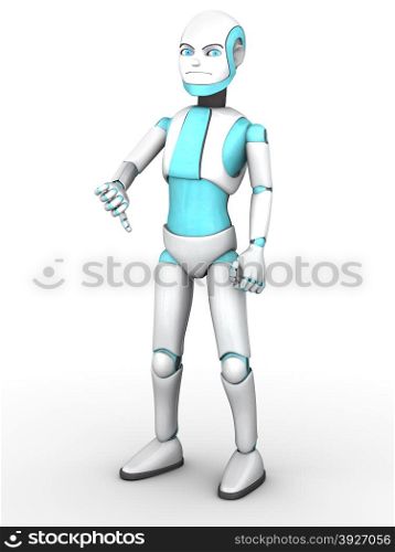 A frowning cartoon robot boy doing a thumbs down with his hand. White background.