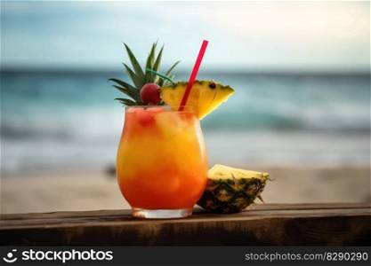 A fruity cocktail with a beautiful paradise beach soft background created with generative AI technology