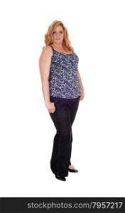 A full body picture of a plus size woman standing isolated for whitebackground in jeans and high heels.