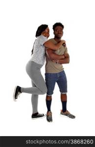 A full body picture of a young African American couple standing isolatedfor white background.