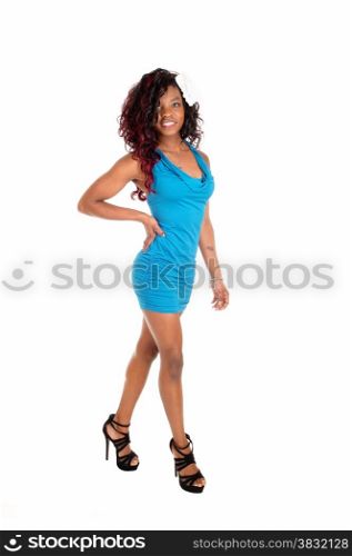 A full body picture of a young African American woman walking in the studio,isolated for white background.