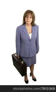 A full body view of a competent, attractive businesswoman holding a briefcase. Isolated.