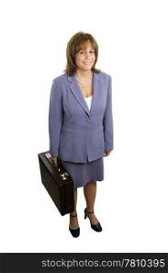 A full body view of a smiling business woman holding her briefcase. Isolated.