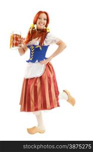 A Full Length Portrait of a Happy Woman Wearing a Traditional Octoberfest Costume Holding Two Beer Gasses Isolated on White Background