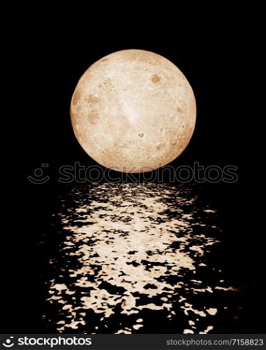 A full moon isolated on a black background is reflected in a mirrored water surface with small waves