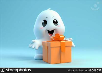A funny Halloween scene with a 3D ghost and a pumpkin gift box on pedestal empty space Ai generated