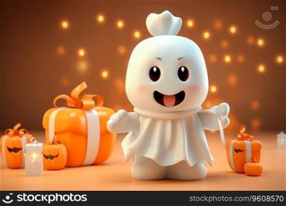 A funny Halloween scene with a 3D ghost and a pumpkin gift box on pedestal empty space Ai generated
