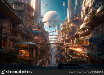 a future space city with towering buildings, bustling markets, and futuristic technology, created with generative ai. a future space city with towering buildings, bustling markets, and futuristic technology