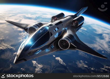 A futuristic aircraft in space with planet earth in the background created with generative AI technology