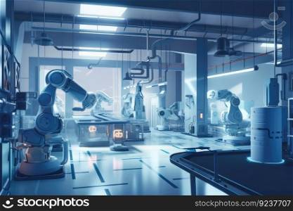 a futuristic factory, with robotic arms performing various tasks and offering safety features, created with generative ai. a futuristic factory, with robotic arms performing various tasks and offering safety features