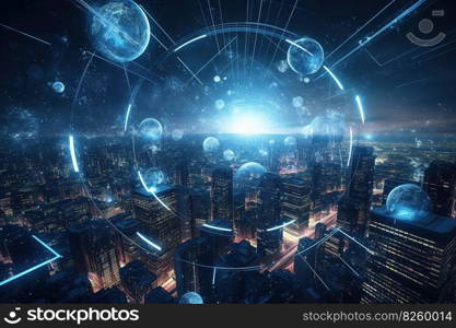 A futuristic, high-tech vision of the global economy, featuring innovative technologies such as blockchain, artificial intelligence, or digital currencies, set against a sleek, modern, and forward-thinking backdrop. Generative AI.