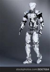 A futuristic robot in a walking pose, 3D rendering. Gray background