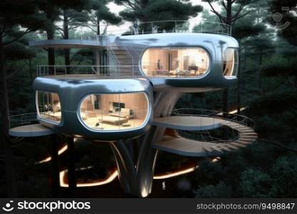 A futuristic tree house created with generative AI technology